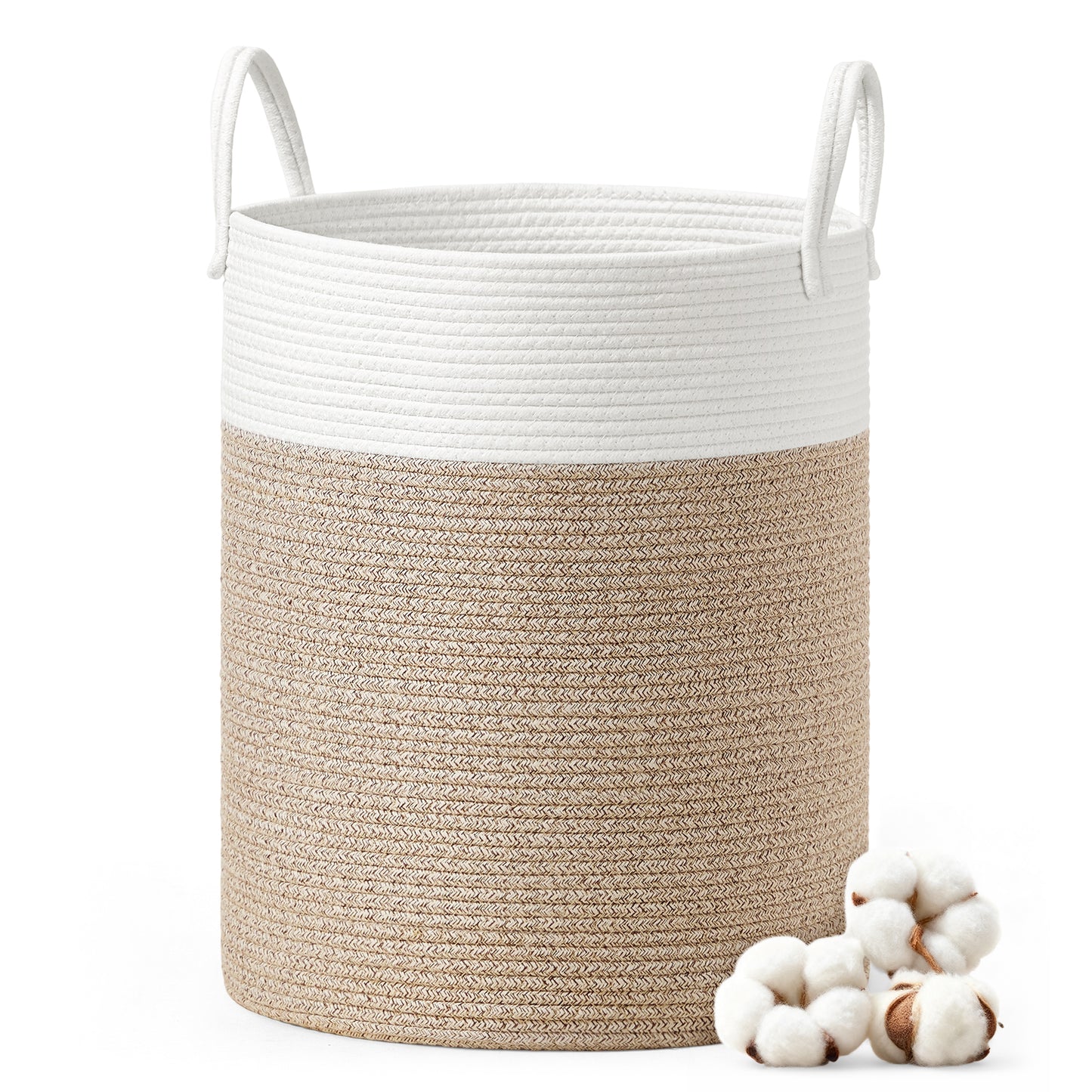 Cotton Rope Laundry Basket, 15.8 Gal Natural Fiber Hamper with Handles, for Kids' Toys Clothing Bedroom Living Room, White & Grayish Brown