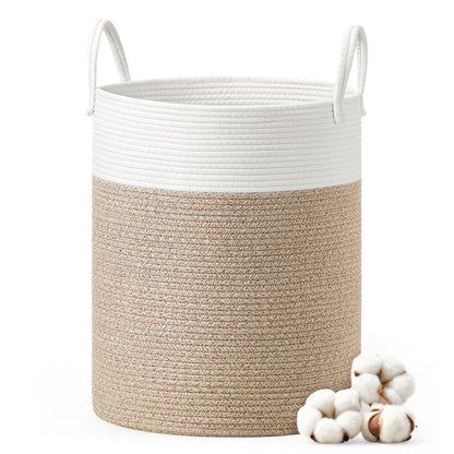 Cotton Rope Laundry Basket, 15.8 Gal Natural Fiber Hamper with Handles, for Kids' Toys Clothing Bedroom Living Room, White & Grayish Brown
