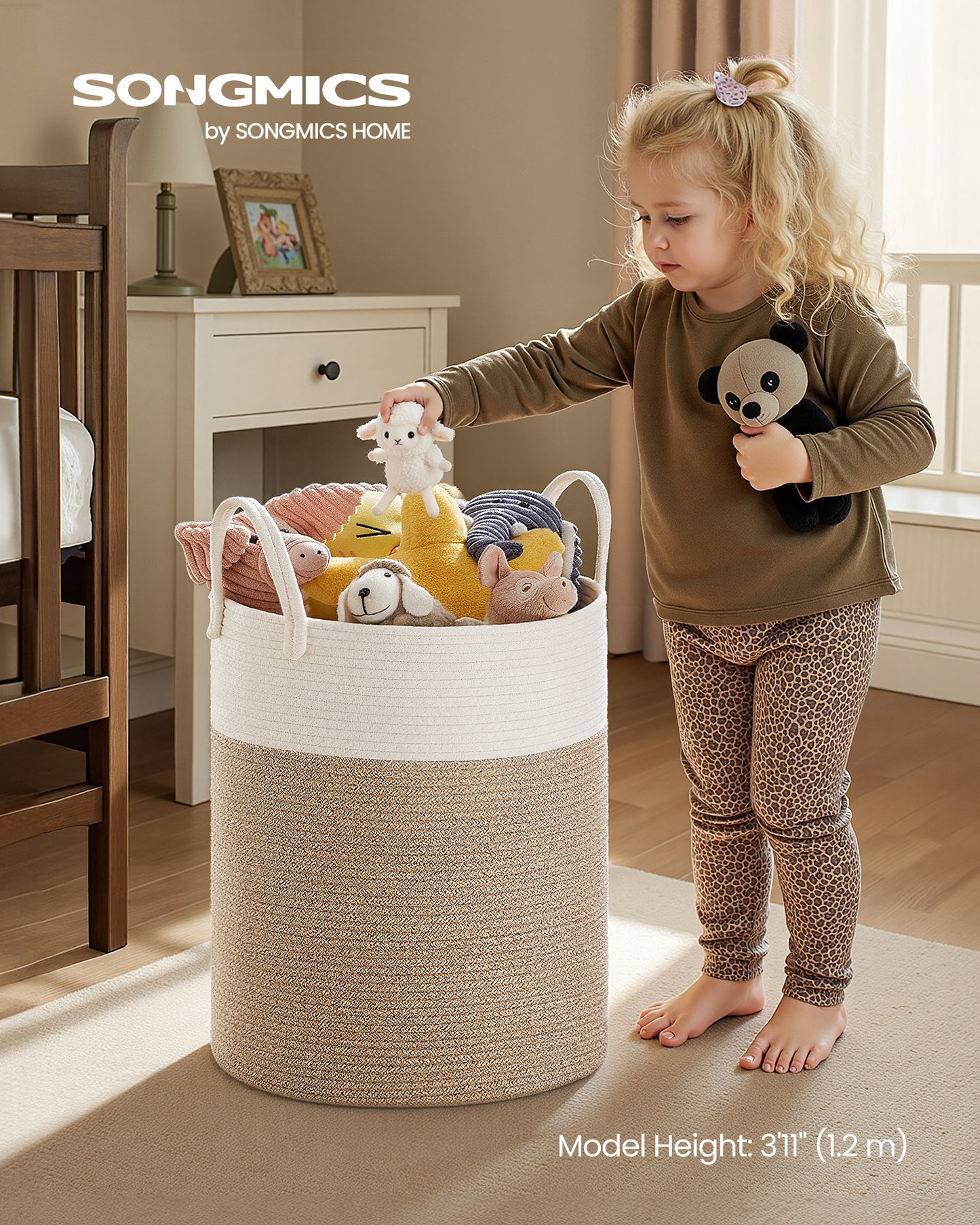 Cotton Rope Laundry Basket, 15.8 Gal Natural Fiber Hamper with Handles, for Kids' Toys Clothing Bedroom Living Room, White & Grayish Brown