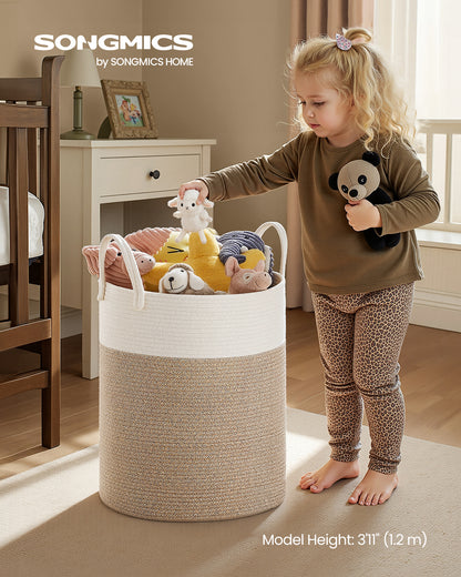 Cotton Rope Laundry Basket, 15.8 Gal Natural Fiber Hamper with Handles, for Kids' Toys Clothing Bedroom Living Room, White & Grayish Brown