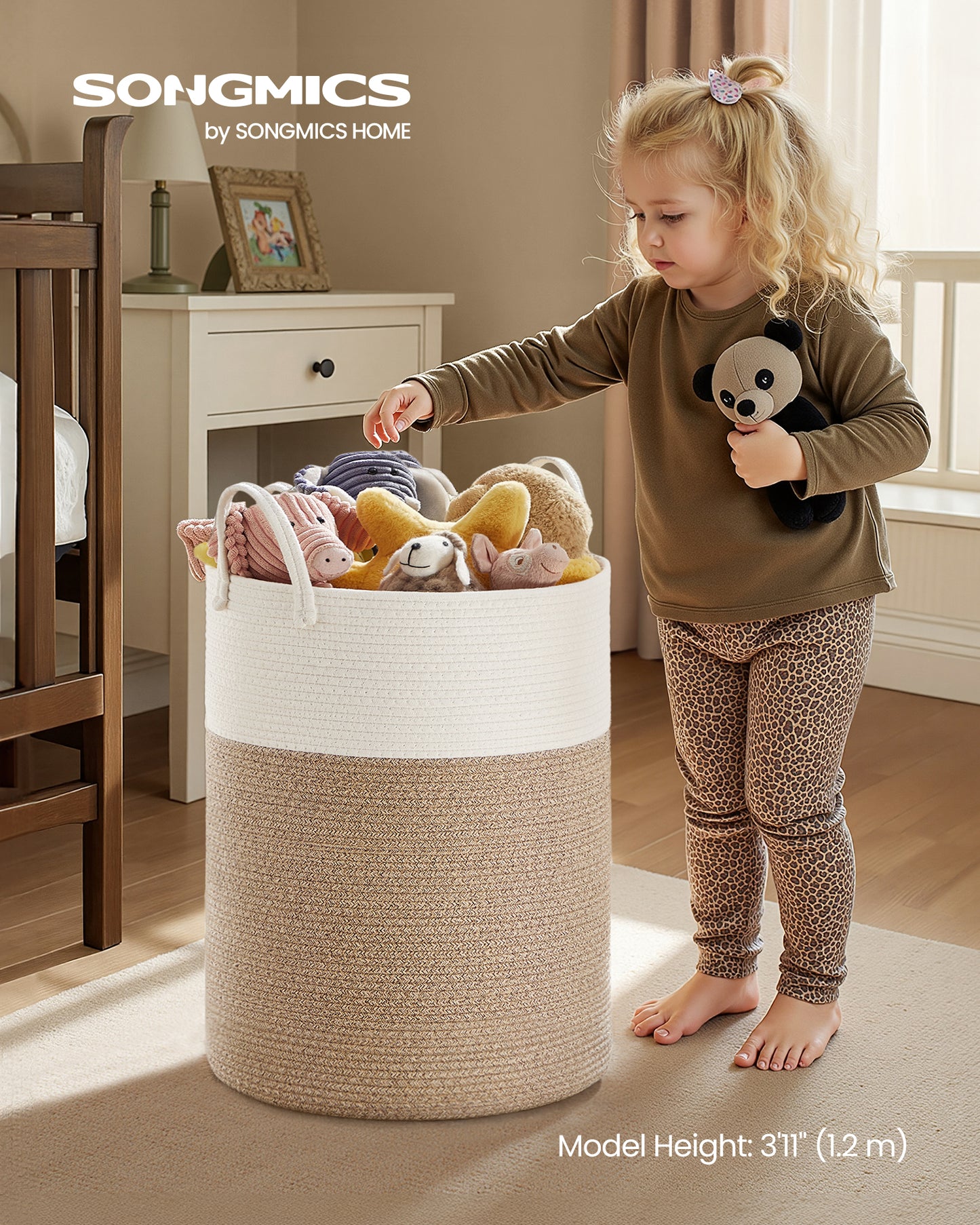 Cotton Rope Laundry Basket, 21.1 Gal Natural Fiber Hamper with Handles, for Kids' Toys Clothing Bedroom Living Room, White & Grayish Brown