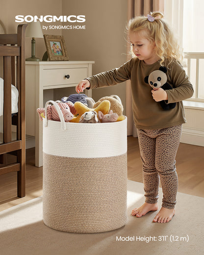 Cotton Rope Laundry Basket, 21.1 Gal Natural Fiber Hamper with Handles, for Kids' Toys Clothing Bedroom Living Room, White & Grayish Brown