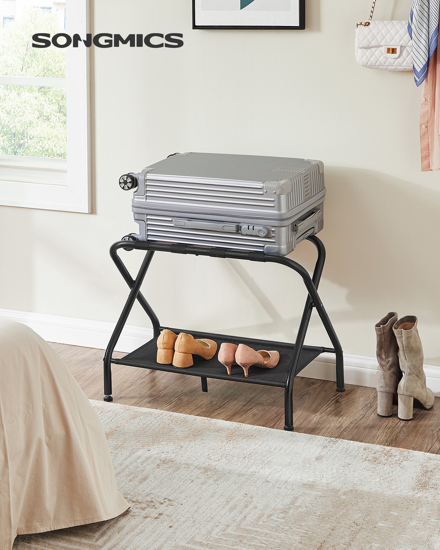 Luggage Rack with Fabric Storage Shelf Suitcasa Stand for Guest Room Bedroom Holds up to 110 lb Black