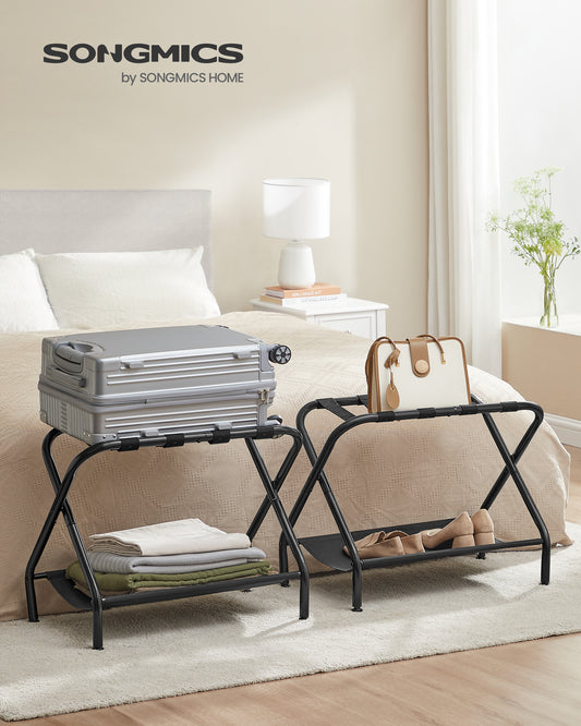 Luggage Rack with Fabric Storage Shelf, Suitcase Stands, Luggage Stand, Foldable Steel Frame, Holds up to 110 lb, 27.2 x 15 x 20.5 Inches