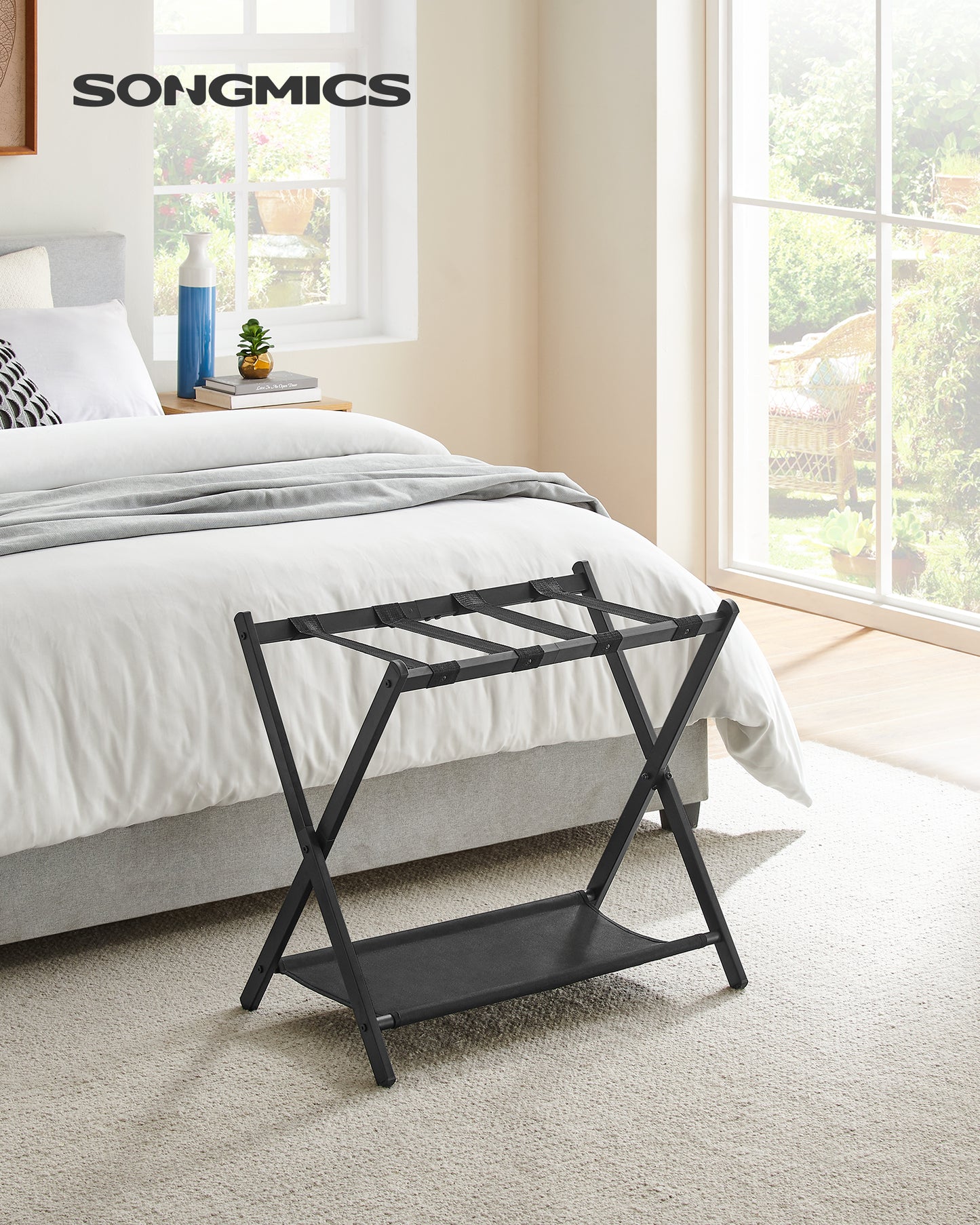 Luggage Rack for Guest Room Suitcase Stand with Storage Shelf Easy Assemble Foldable for Hotel Bedroom Black