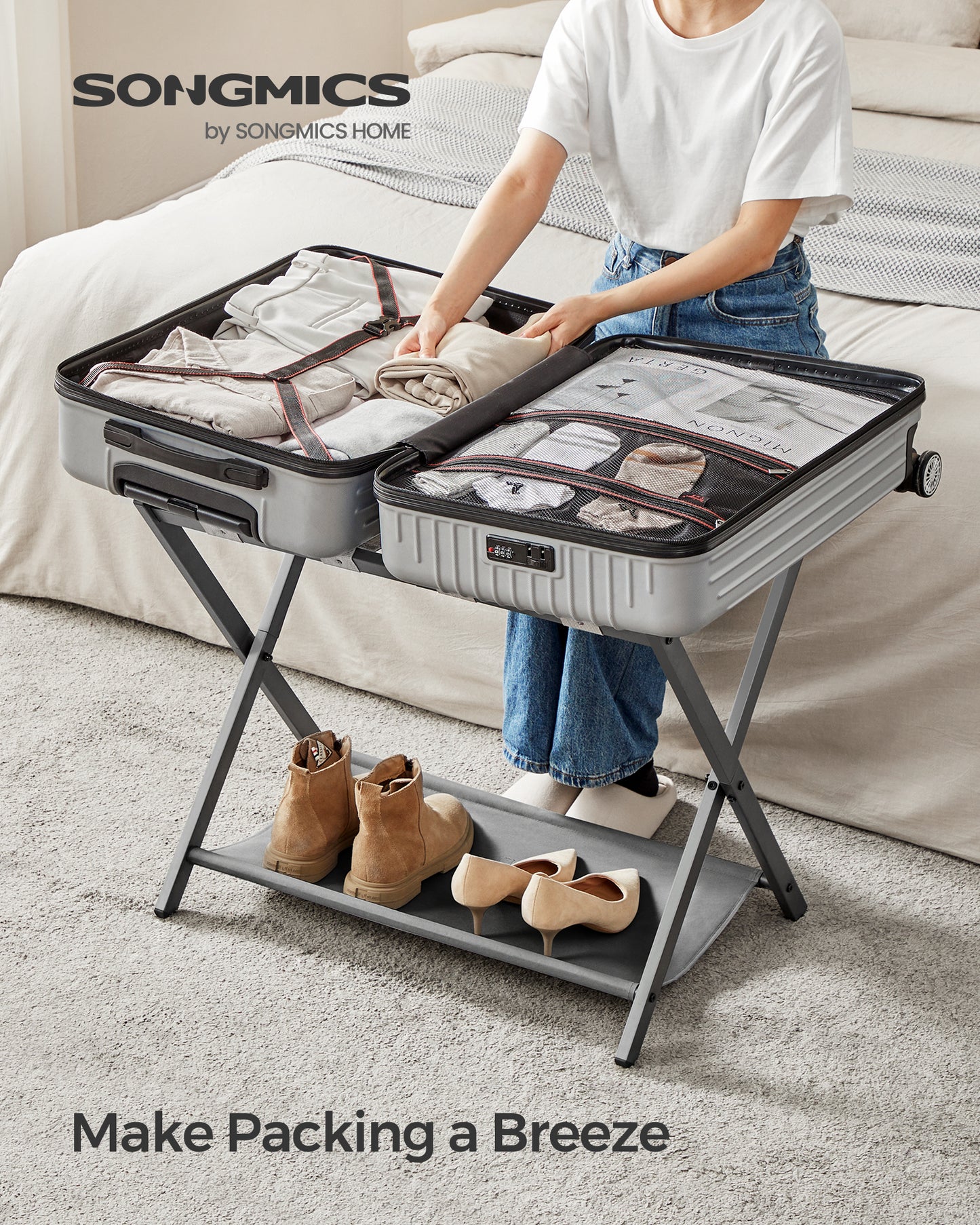 SONGMICS Luggage Rack with Fabric Storage Shelf Folding Suitcase Stand for Guest Room Bedroom Slate Gray