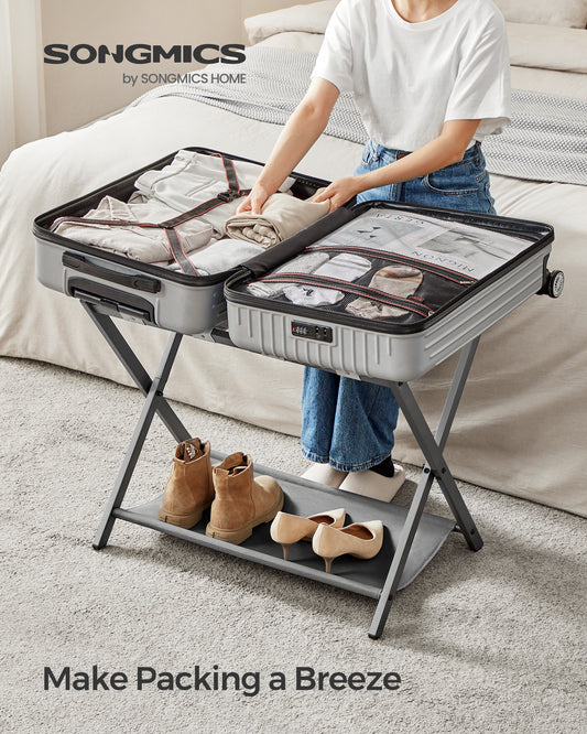 SONGMICS Luggage Rack with Fabric Storage Shelf Folding Suitcase Stand for Guest Room Bedroom Slate Gray