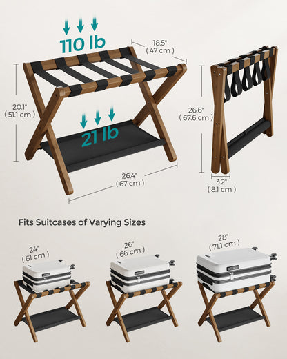 LEDREM Luggage Rack with Storage Shelf, Suitcase Stands, Luggage Stand, Foldable for Easy Storage,Holds up to 131 lb, 26.38 x 18.5 x 20.12 inches