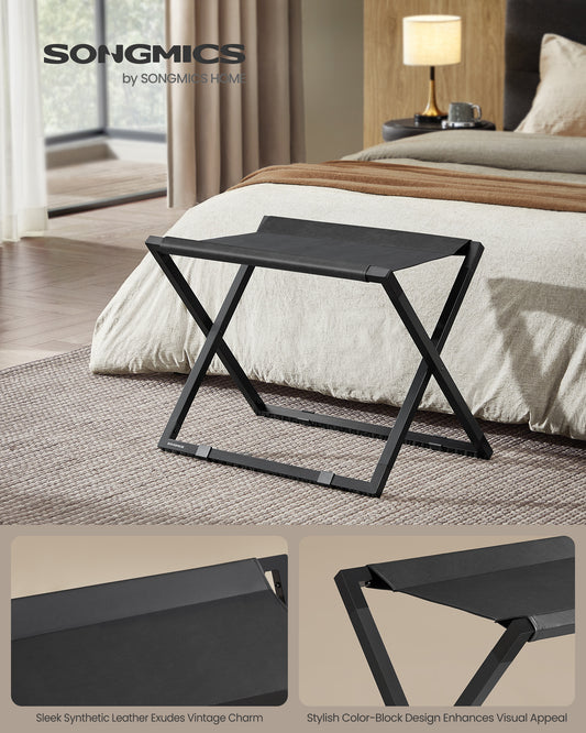 Folding Luggage Rack, Metal Suitcase Stand with Synthetic Leather Top & Floor Protection, 110 lb Capacity for Guest Room Hotel, Ink Black & Charcoal Gray