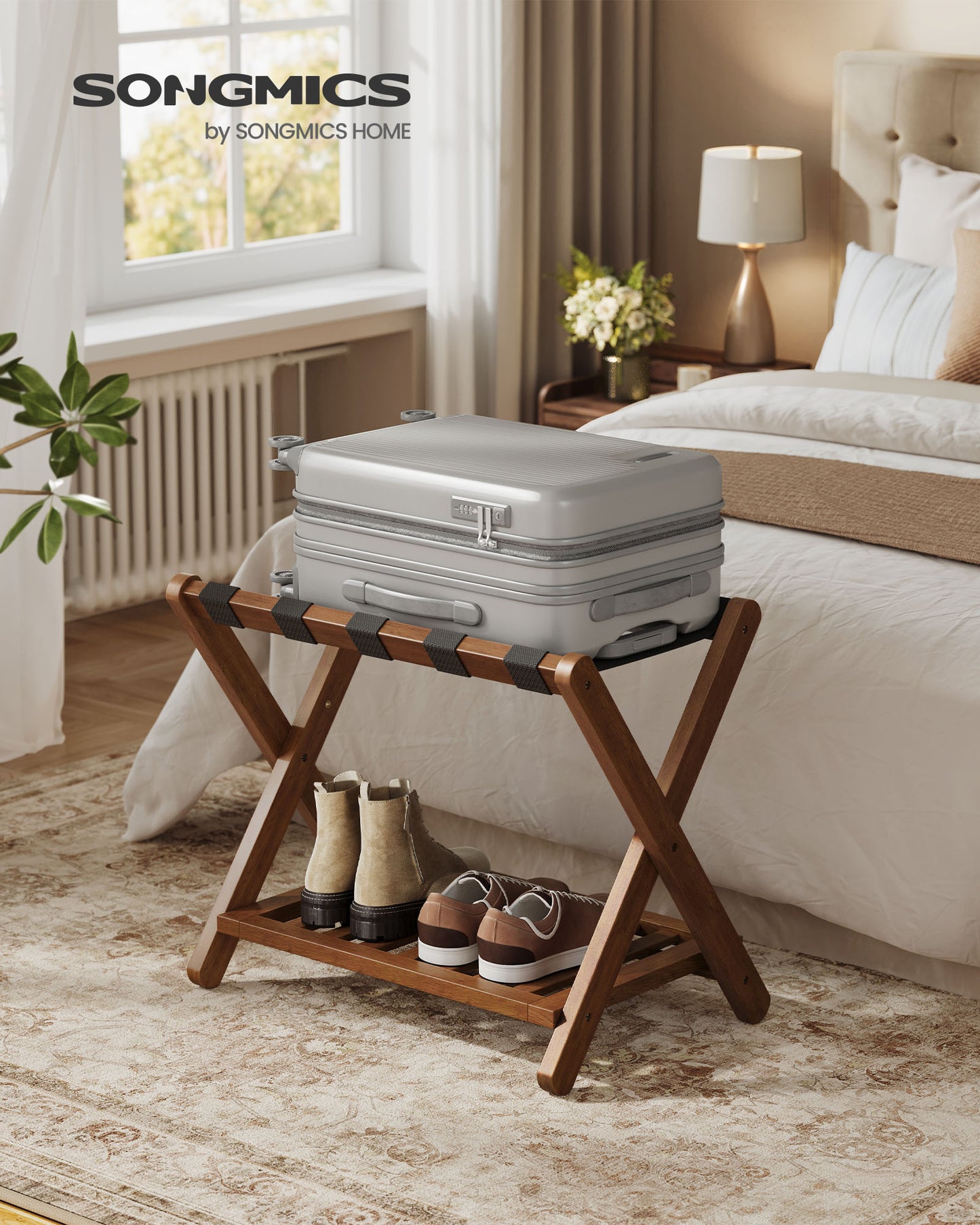 Solid Wood Luggage Rack Foldable Suitcase Stand with Storage Shelf, No Assembly, 150 lb Capacity, Coffee Brown