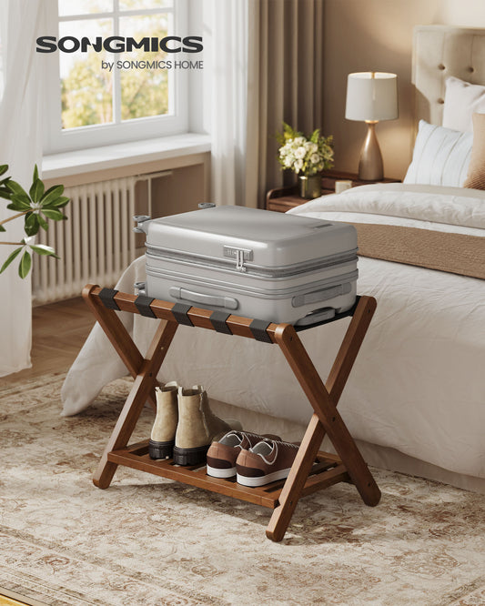 Solid Wood Luggage Rack Foldable Suitcase Stand with Storage Shelf, No Assembly, 150 lb Capacity, Coffee Brown