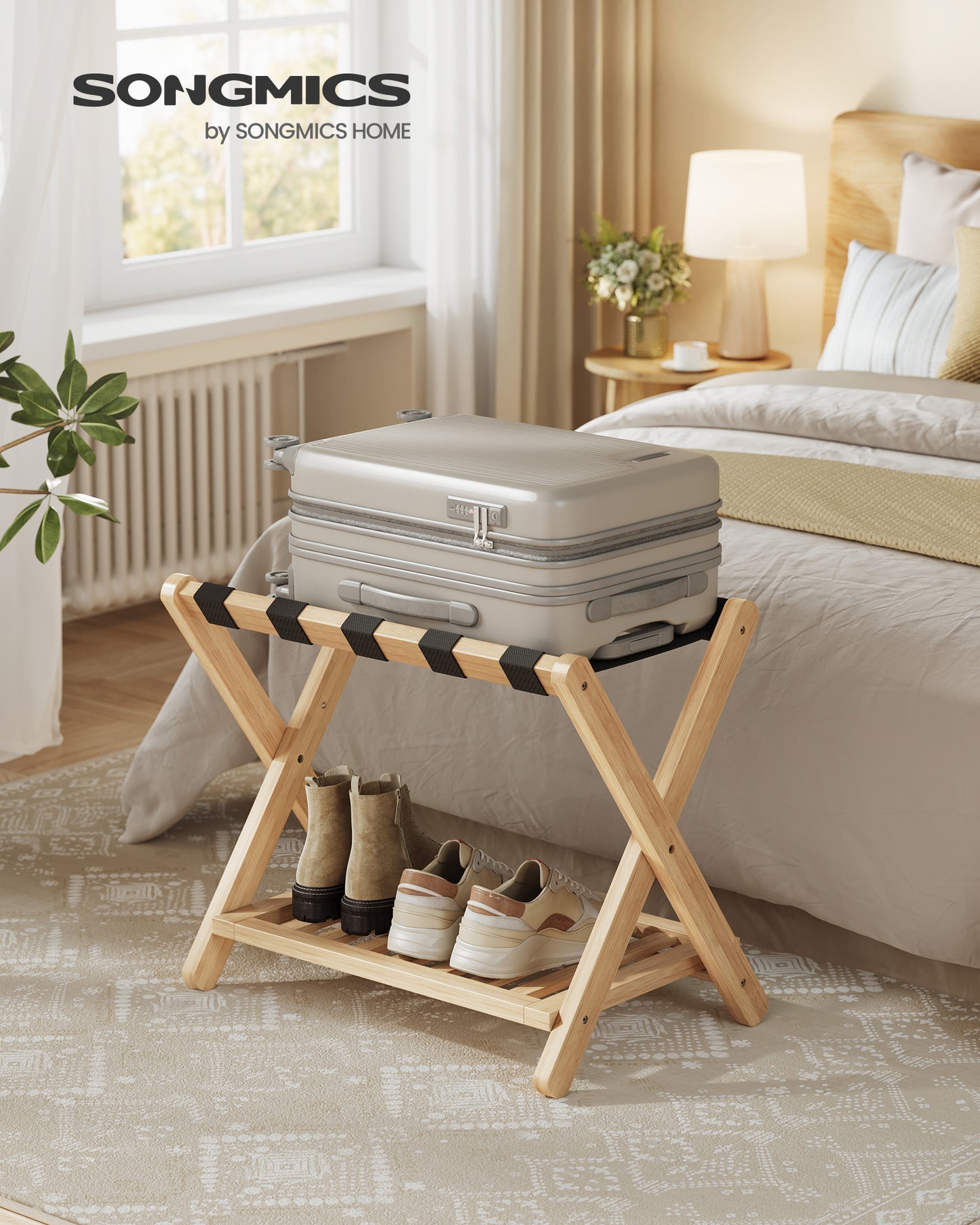 Solid Wood Foldable Luggage Rack, No Assembly Required Suitcase Stand with Storage Shelf, Sturdy & Space-Saving, Natural Wood, Natural Beige