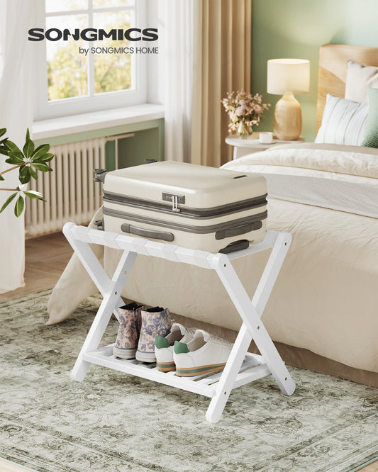 Solid Wood Foldable Luggage Rack, No Assembly Required Suitcase Stand with Storage Shelf, Sturdy & Space-Saving, Natural Wood, Cloud White