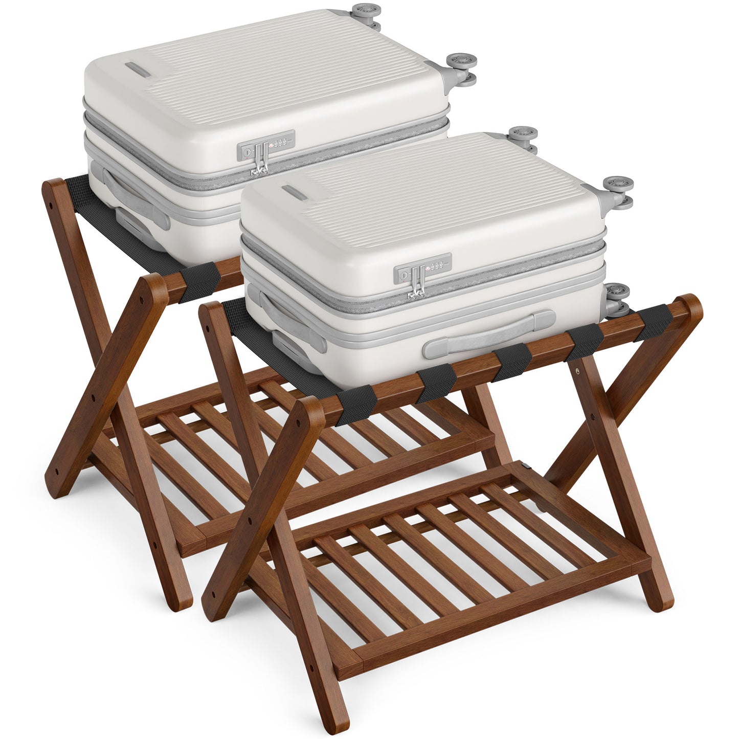 Set of 2 Solid Wood Luggage Racks No Assembly Foldable Suitcase Stands with Storage Shelf, 150 lb Capacity, Coffee Brown