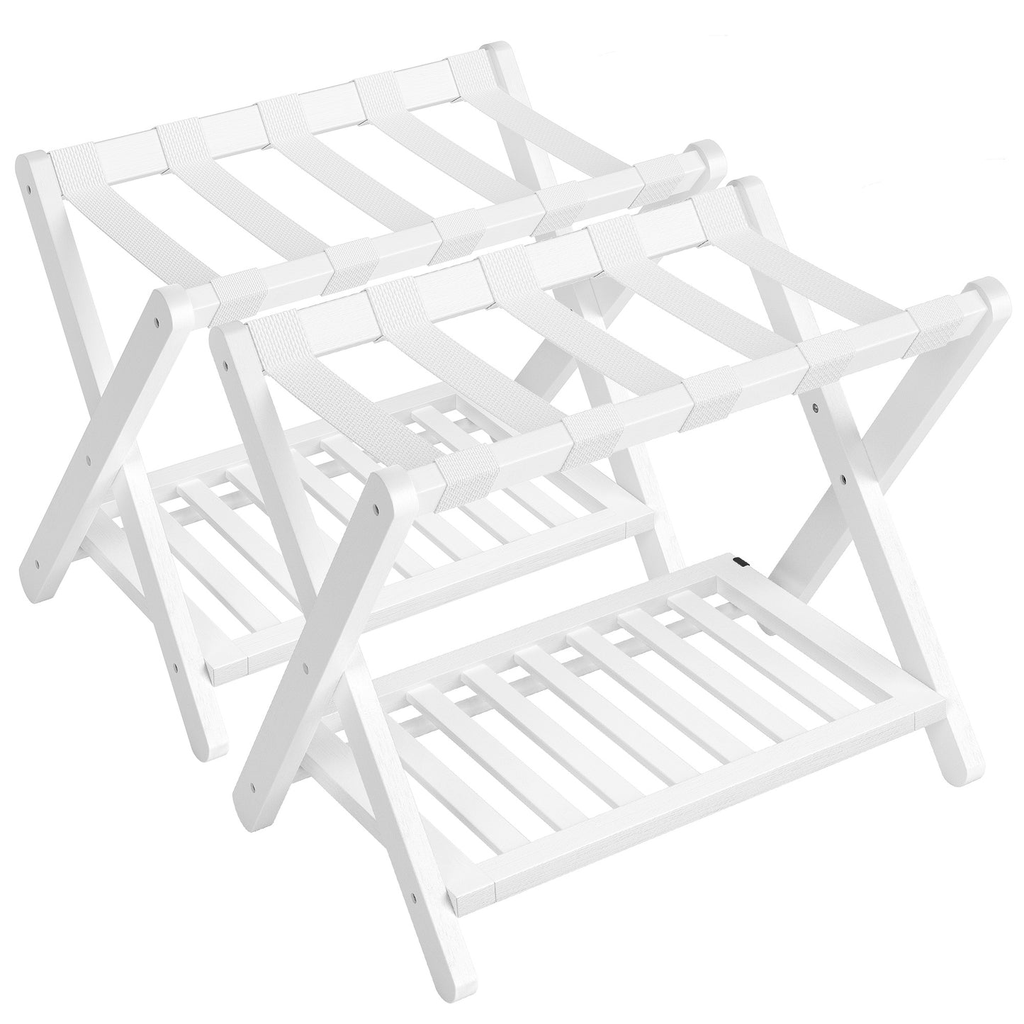 Set of 2 Solid Wood Luggage Racks No Assembly Foldable Stands with Storage Shelf, 150 lb Capacity, Cloud White