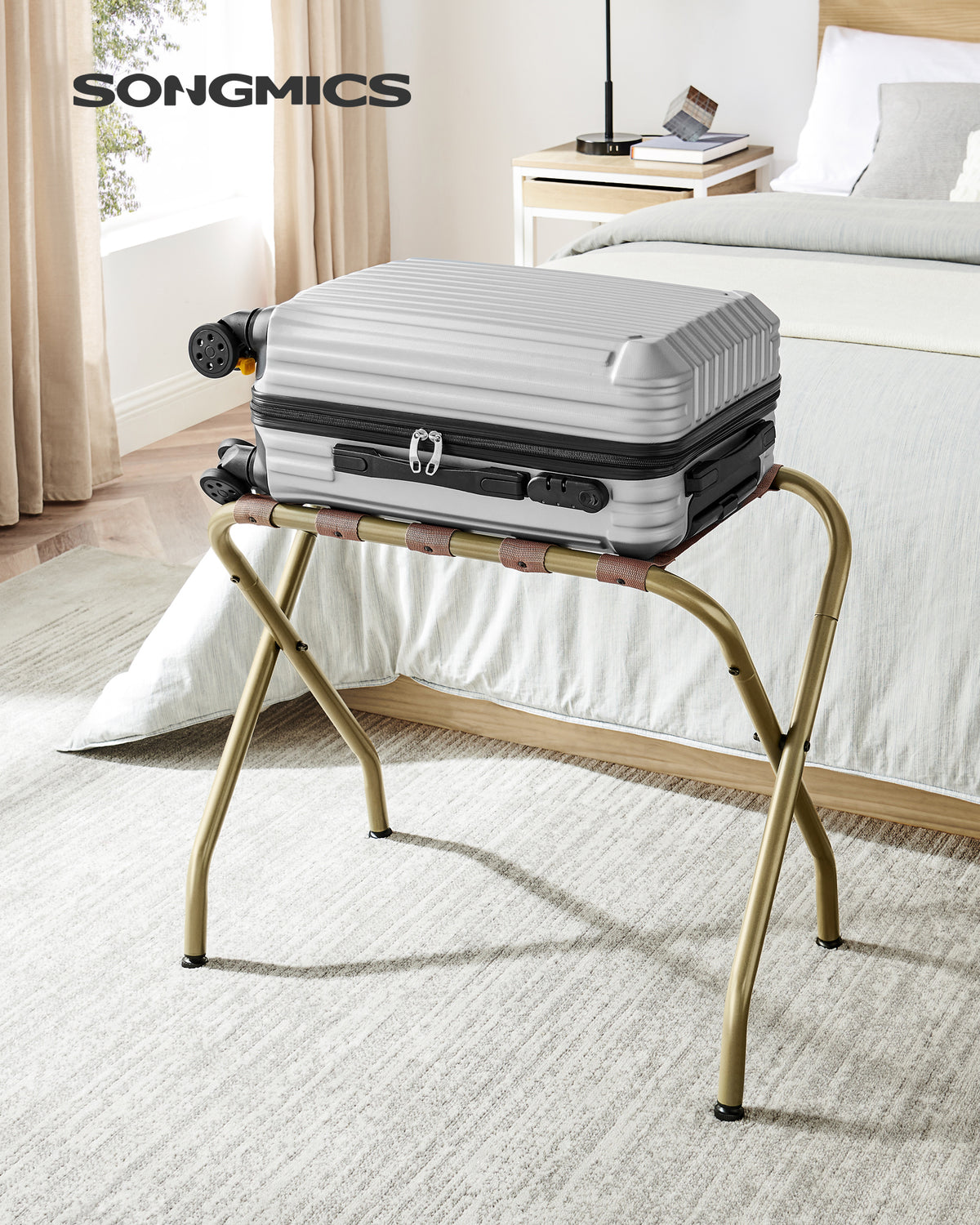 SONGMICS Luggage Rack, Luggage Rack for Guest Room, Suitcase Stand, Steel Frame, Foldable, for Bedroom, Golden