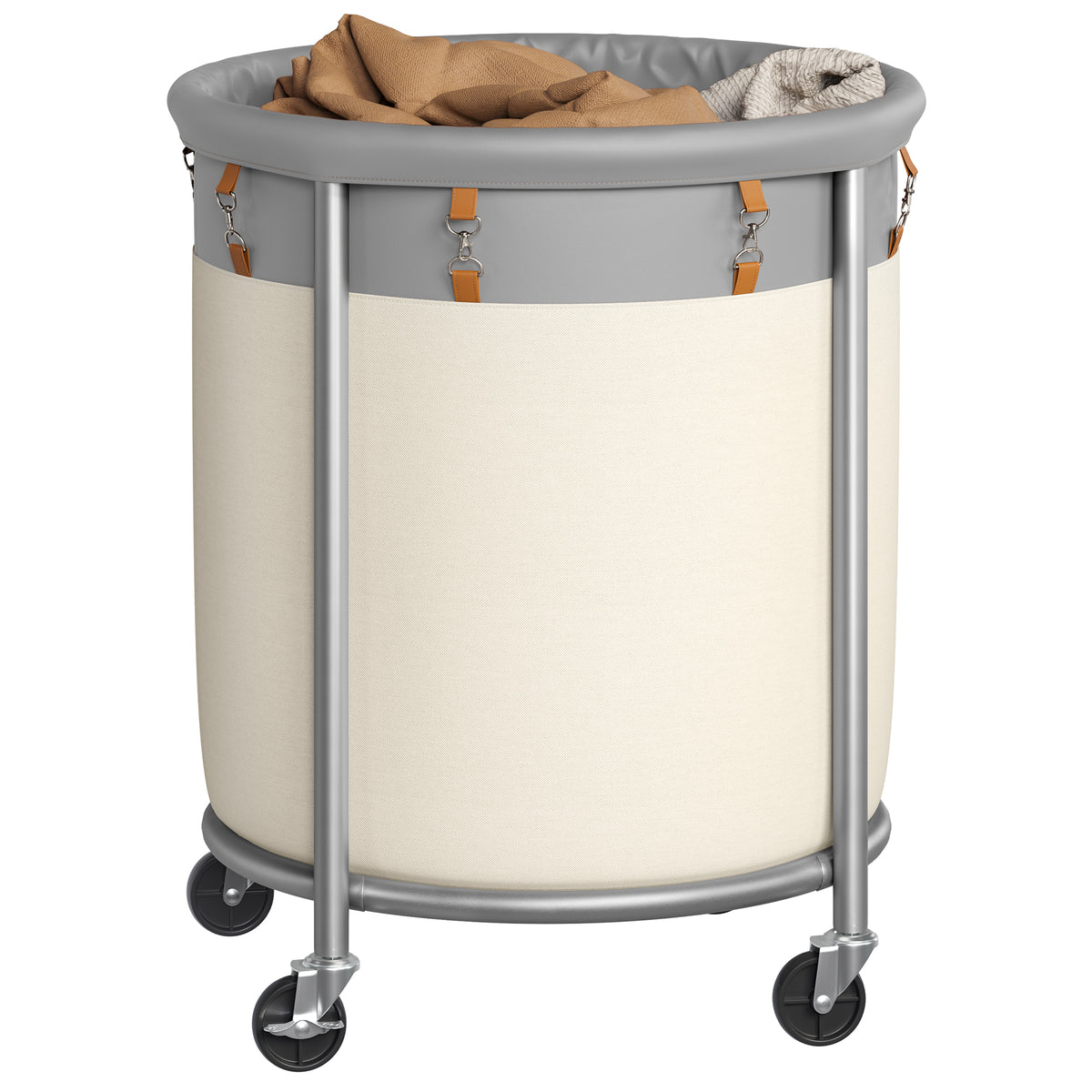 SONGMICS 50.2-Gallon (190 L) Laundry Basket with Wheels, Rolling Round Heavy-Duty Laundry Hamper Cart with Steel Frame and Removable Bag, 2 Locking Wheels, Dove Gray and Cream White