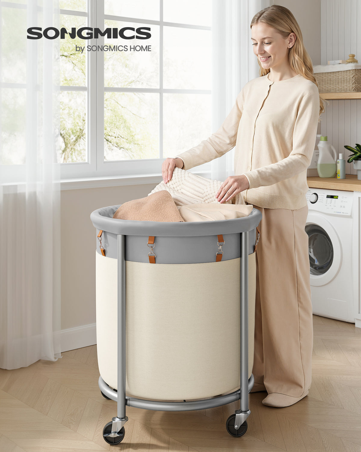 SONGMICS 50.2-Gallon (190 L) Laundry Basket with Wheels, Rolling Round Heavy-Duty Laundry Hamper Cart with Steel Frame and Removable Bag, 2 Locking Wheels, Dove Gray and Cream White