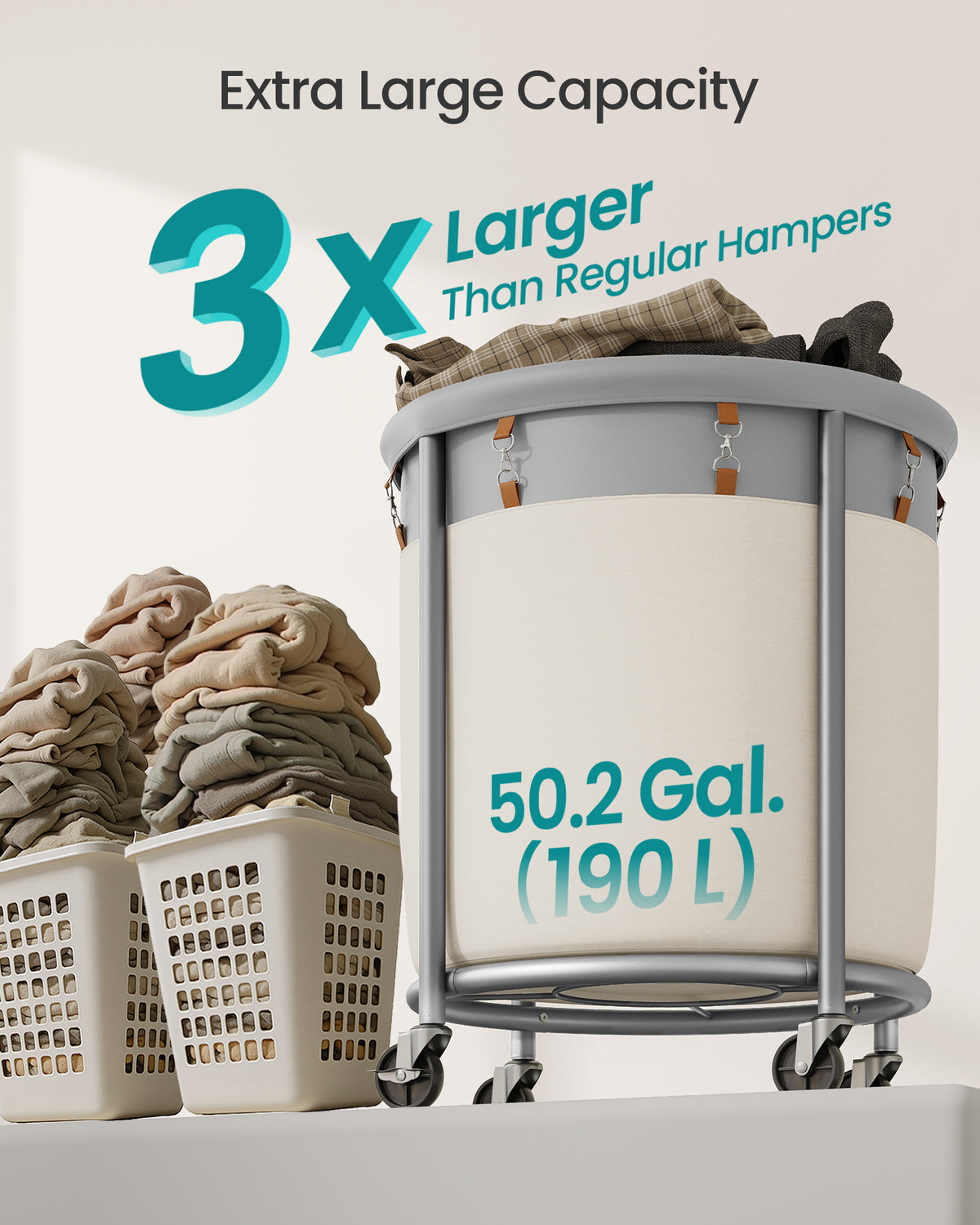 SONGMICS 50.2-Gallon (190 L) Laundry Basket with Wheels, Rolling Round Heavy-Duty Laundry Hamper Cart with Steel Frame and Removable Bag, 2 Locking Wheels, Dove Gray and Cream White