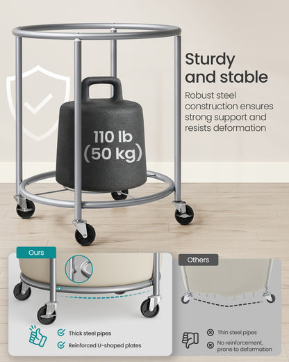 SONGMICS 50.2-Gallon (190 L) Laundry Basket with Wheels, Rolling Round Heavy-Duty Laundry Hamper Cart with Steel Frame and Removable Bag, 2 Locking Wheels, Dove Gray and Cream White