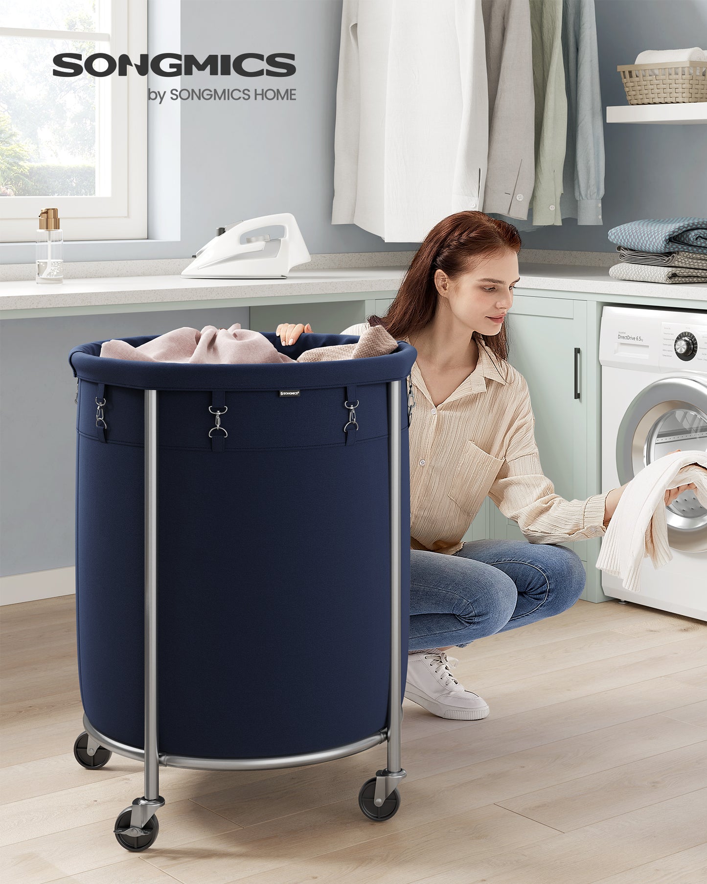 Laundry Basket with Wheels Rolling Laundry Hamper 45 Gal. Round Laundry Cart with Steel Frame and Removable Bag Charcoal Blue and Metallic Silver