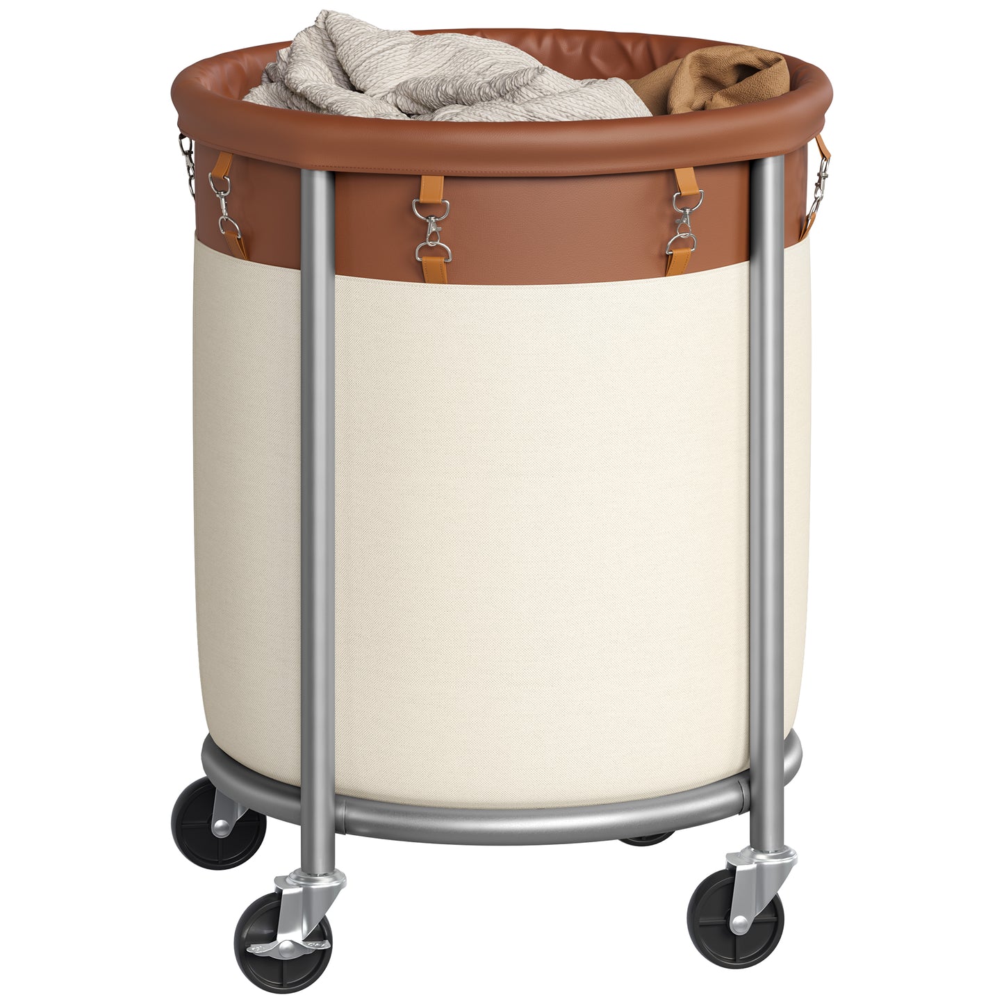 SONGMICS Laundry Basket with Wheels, Rolling Laundry Hamper, 29 Gal., Round Laundry Cart with Steel Frame and Removable Bag, 4 Casters and 2 Brakes, Coffee Brown and Cream White