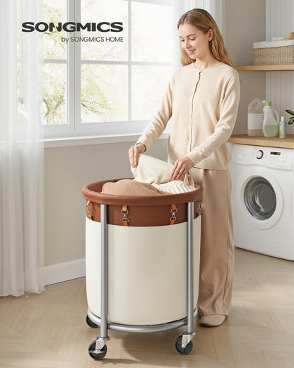 SONGMICS Laundry Basket with Wheels, Rolling Laundry Hamper, 29 Gal., Round Laundry Cart with Steel Frame and Removable Bag, 4 Casters and 2 Brakes, Coffee Brown and Cream White