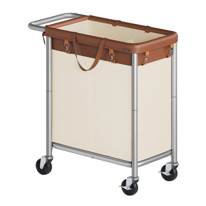 SONGMICS Laundry Basket with Wheels, 2-Section Rolling Laundry Hamper, 37 Gallons (140 L), Removable Liner, Steel Frame with Handle, 27.2 x 15.4 x 31.9 Inches, Coffee Brown and Cream White