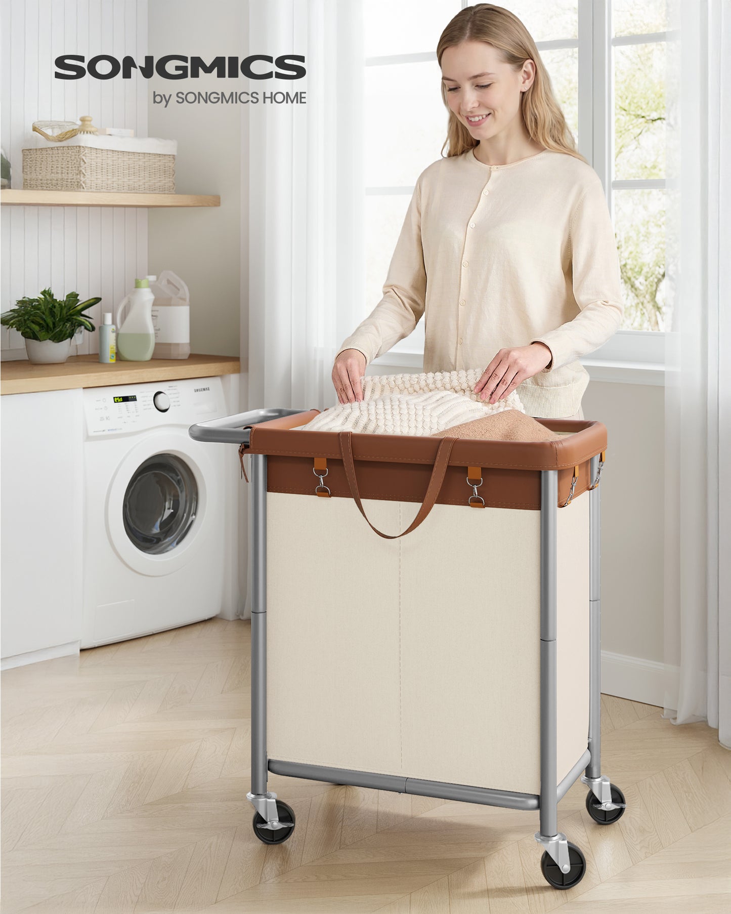 SONGMICS Laundry Basket with Wheels, 2-Section Rolling Laundry Hamper, 37 Gallons (140 L), Removable Liner, Steel Frame with Handle, 27.2 x 15.4 x 31.9 Inches, Coffee Brown and Cream White