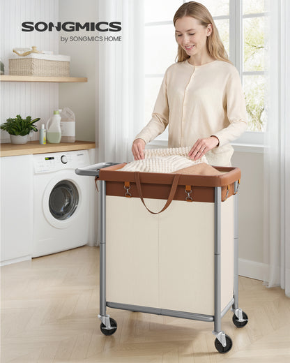 SONGMICS Laundry Basket with Wheels, 2-Section Rolling Laundry Hamper, 37 Gallons (140 L), Removable Liner, Steel Frame with Handle, 27.2 x 15.4 x 31.9 Inches, Coffee Brown and Cream White