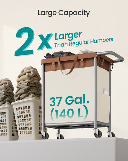 SONGMICS Laundry Basket with Wheels, 2-Section Rolling Laundry Hamper, 37 Gallons (140 L), Removable Liner, Steel Frame with Handle, 27.2 x 15.4 x 31.9 Inches, Coffee Brown and Cream White