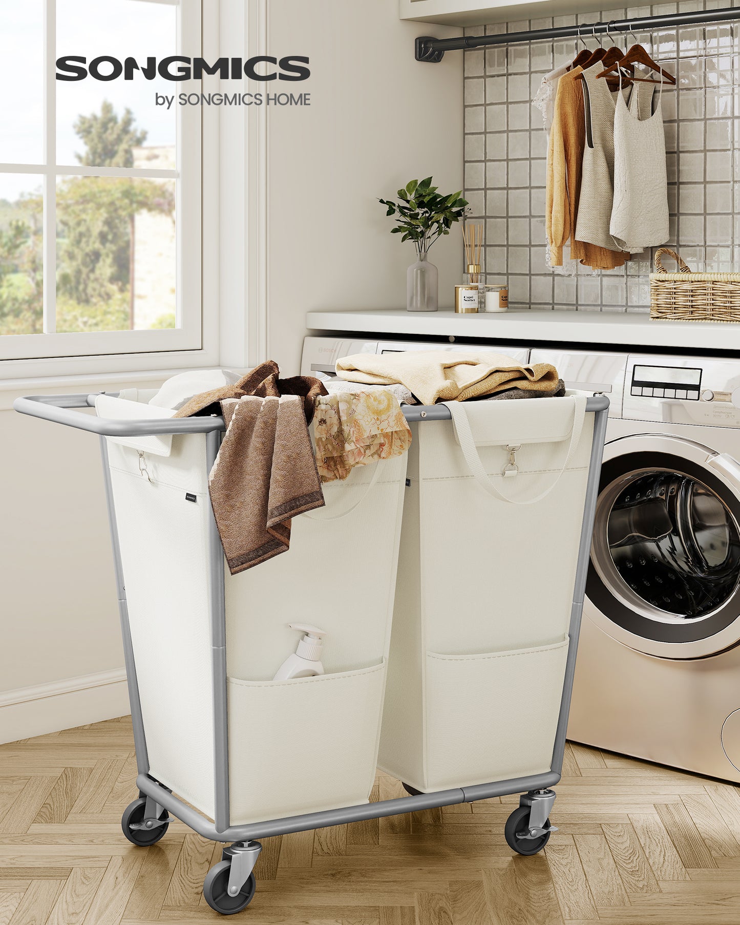 2-Section Laundry Basket with Wheels, Removable Bags, Steel Frame, 50.2 Gallons (190 L), White