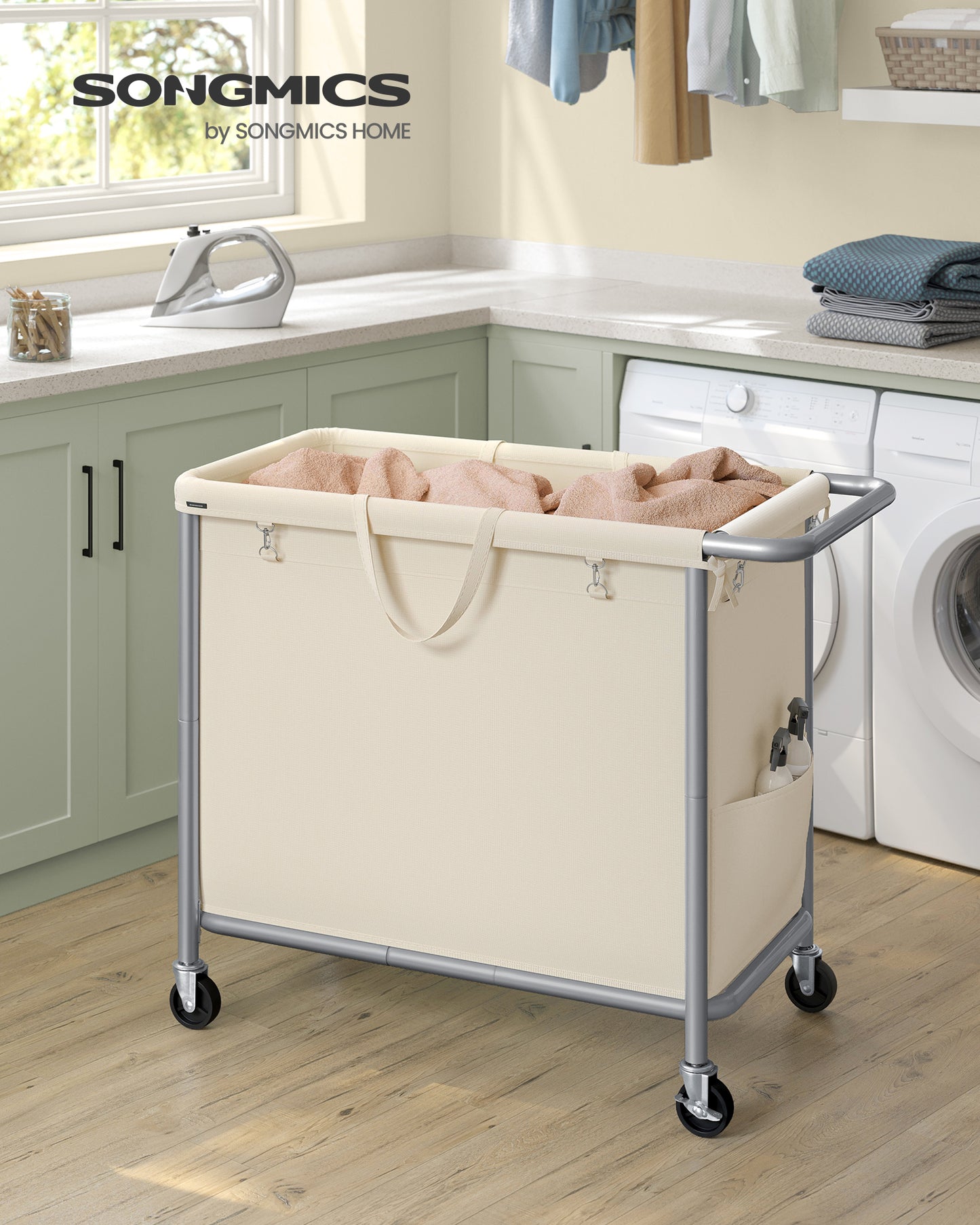Rolling Laundry Hamper with Removable Liner, 47.5 Gallon Wheeled Basket with Brakes and Steel Frame, Cream White
