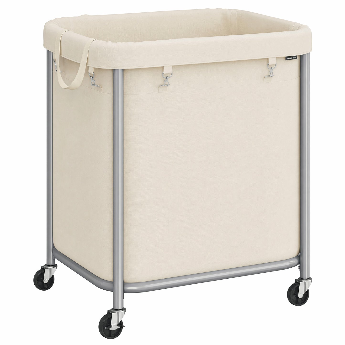 SONGMICS 45-Gallon (170 L) Laundry Basket with Wheels,with Steel Frame and Removable Bag, 2 Locking Wheels, Cream White and Metallic Silver
