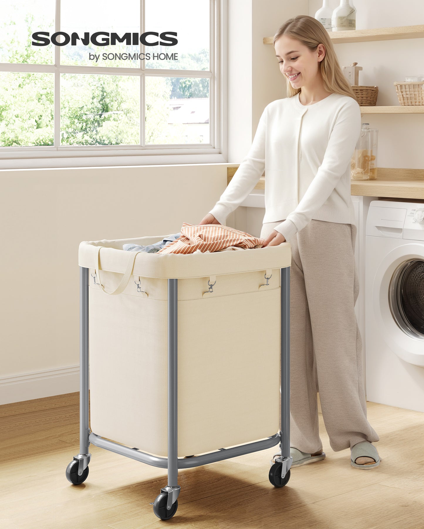 SONGMICS 45-Gallon (170 L) Laundry Basket with Wheels,with Steel Frame and Removable Bag, 2 Locking Wheels, Cream White and Metallic Silver