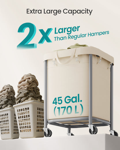 SONGMICS 45-Gallon (170 L) Laundry Basket with Wheels,with Steel Frame and Removable Bag, 2 Locking Wheels, Cream White and Metallic Silver