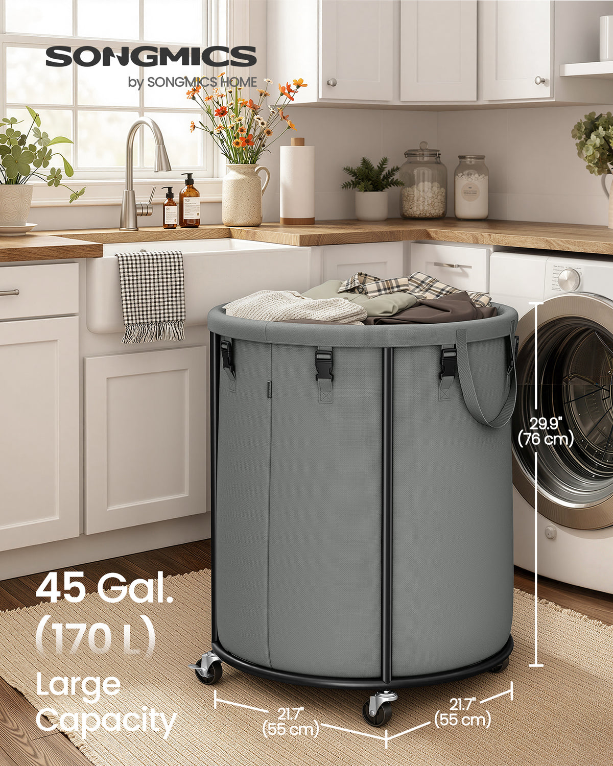 SONGMICS Large Clothes Hamper, Steel Frame and Oxford Fabric, Laundry Cart with Wheels, 45 Gallon, 21.7 x 21.7 x 29.9 inch, Gray, for Laundry Room Organization, Barnard Collection