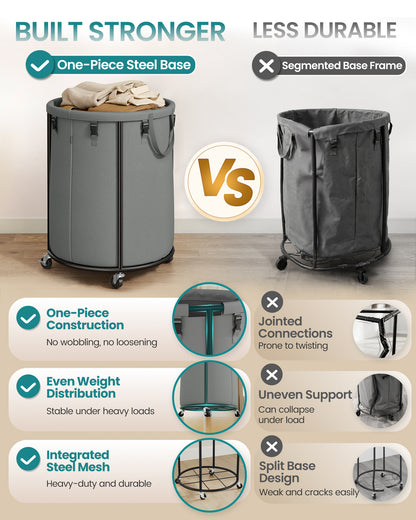 SONGMICS Large Clothes Hamper, Steel Frame and Oxford Fabric, Laundry Cart with Wheels, 45 Gallon, 21.7 x 21.7 x 29.9 inch, Gray, for Laundry Room Organization, Barnard Collection