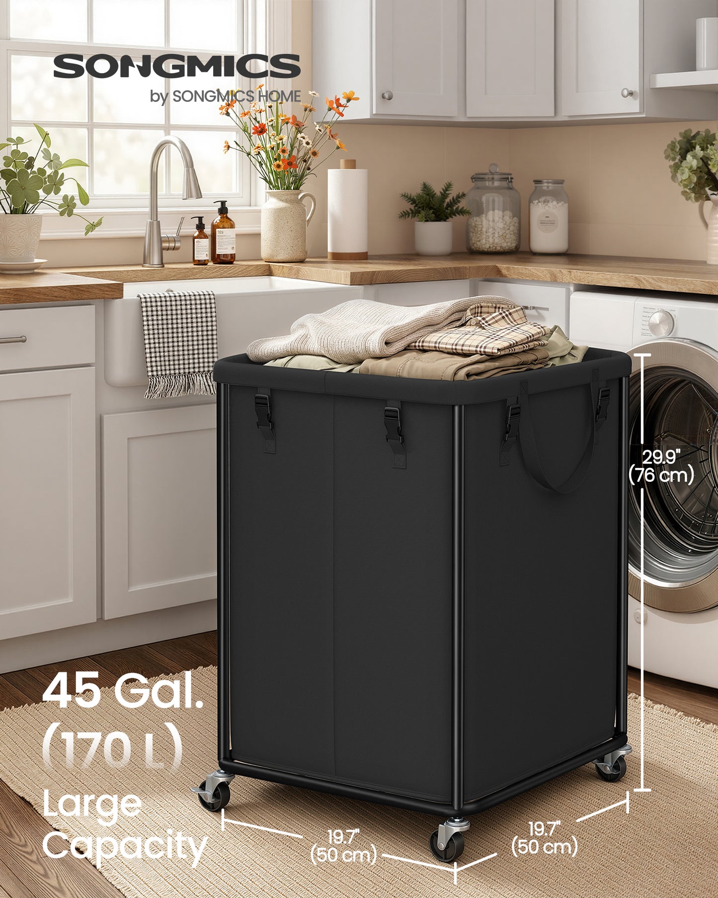 SONGMICS Large Clothes Hamper, Steel Frame and Oxford Fabric, Laundry Cart with Wheels, 45 Gallon, 19.7 x 19.7 x 29.9 inch, Black, for Laundry Room Organization, Barnard Collection