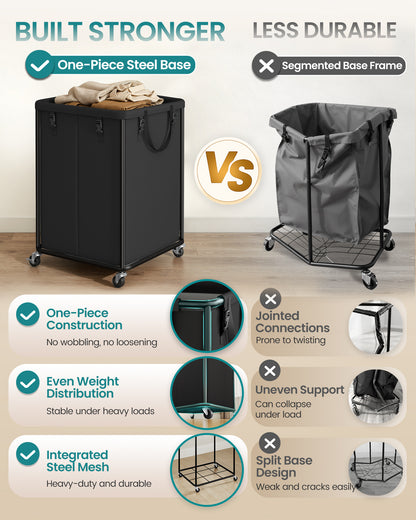 SONGMICS Large Clothes Hamper, Steel Frame and Oxford Fabric, Laundry Cart with Wheels, 45 Gallon, 19.7 x 19.7 x 29.9 inch, Black, for Laundry Room Organization, Barnard Collection