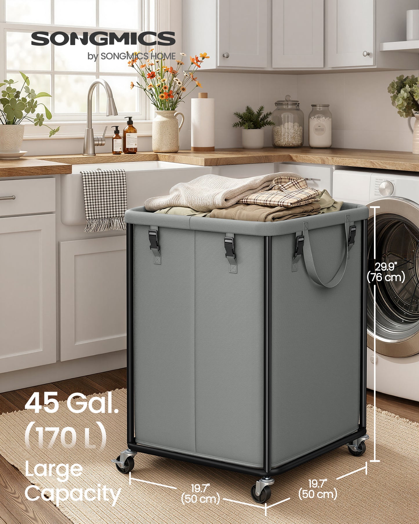 SONGMICS Large Clothes Hamper, Steel Frame and Oxford Fabric, Laundry Cart with Wheels, 45 Gallon, 19.7 x 19.7 x 29.9 inch, Black, for Laundry Room Organization, Barnard Collection