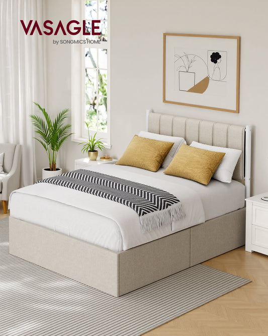 Full Size Lift Up Storage Bed Frame, Hydraulic Platform Bed with Upholstered Headboard, 1100 lb Capacity & Underbed Storage, Cappuccino Beige