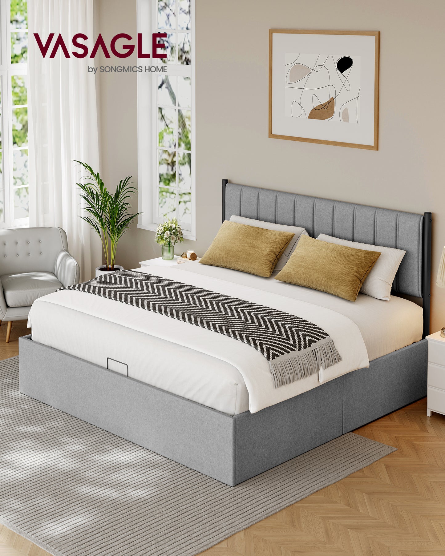 King Size Hydraulic Storage Bed Frame with Upholstered Headboard, 1100 lb Capacity, Underbed Lift-Up Design, No Box Spring Needed, Dove Gray