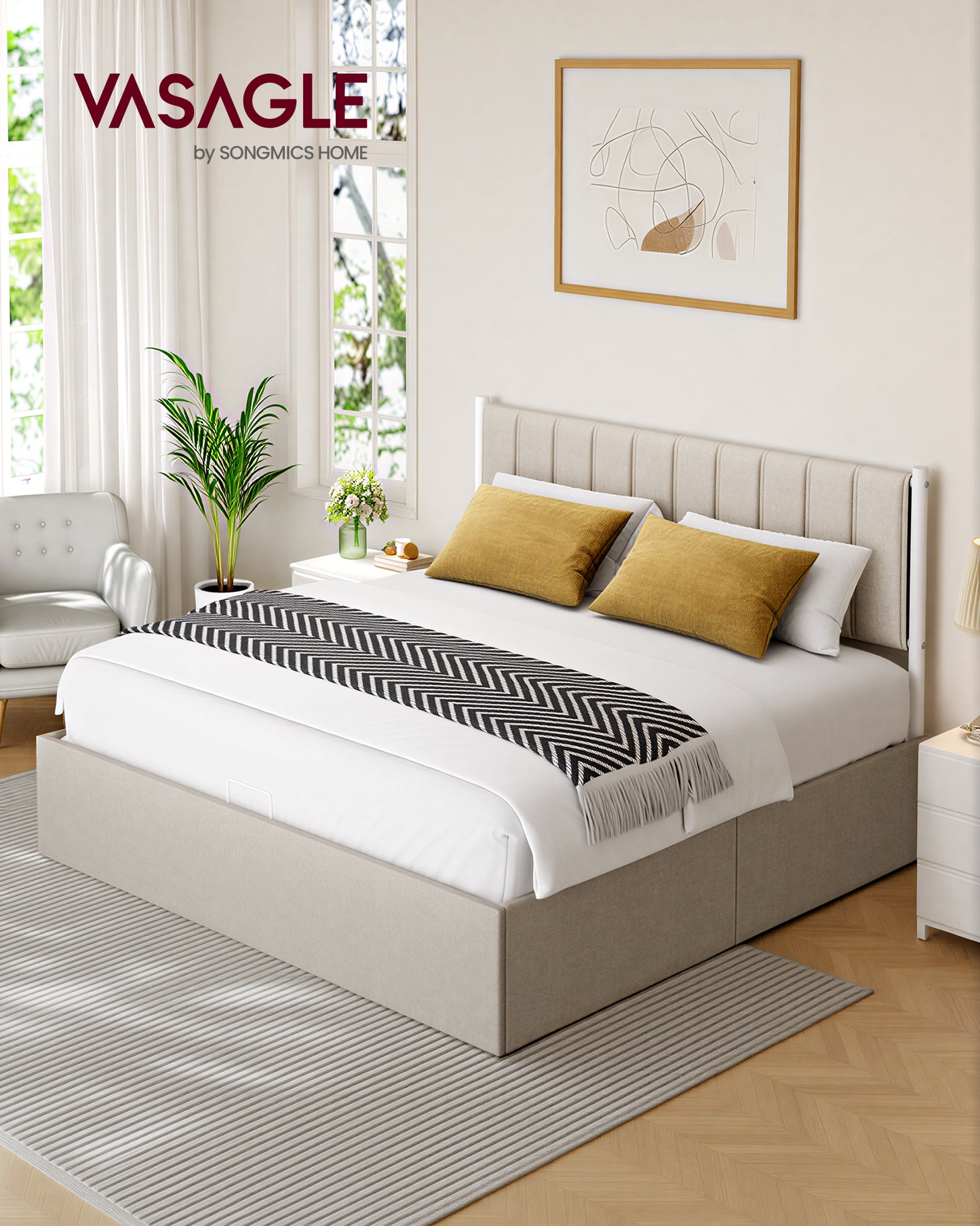 King Size Hydraulic Storage Bed Frame with Upholstered Headboard, 1100 lb Capacity, Underbed Lift-Up Design, No Box Spring Needed, Cappuccino Beige