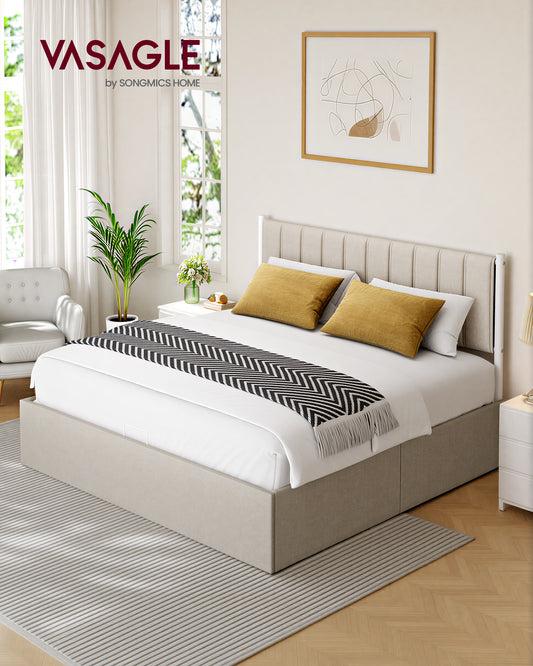 King Size Hydraulic Storage Bed Frame with Upholstered Headboard, 1100 lb Capacity, Underbed Lift-Up Design, No Box Spring Needed, Cappuccino Beige