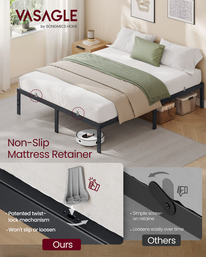 VASAGLE Queen Metal Bed Frame 14 Inches Tall, 1100 lb Weight Capacity, No Box Spring Needed, with Under-Bed Storage, Easy Setup, Heavy-Duty Platform Bed, Mattress Retainers, Matte Black