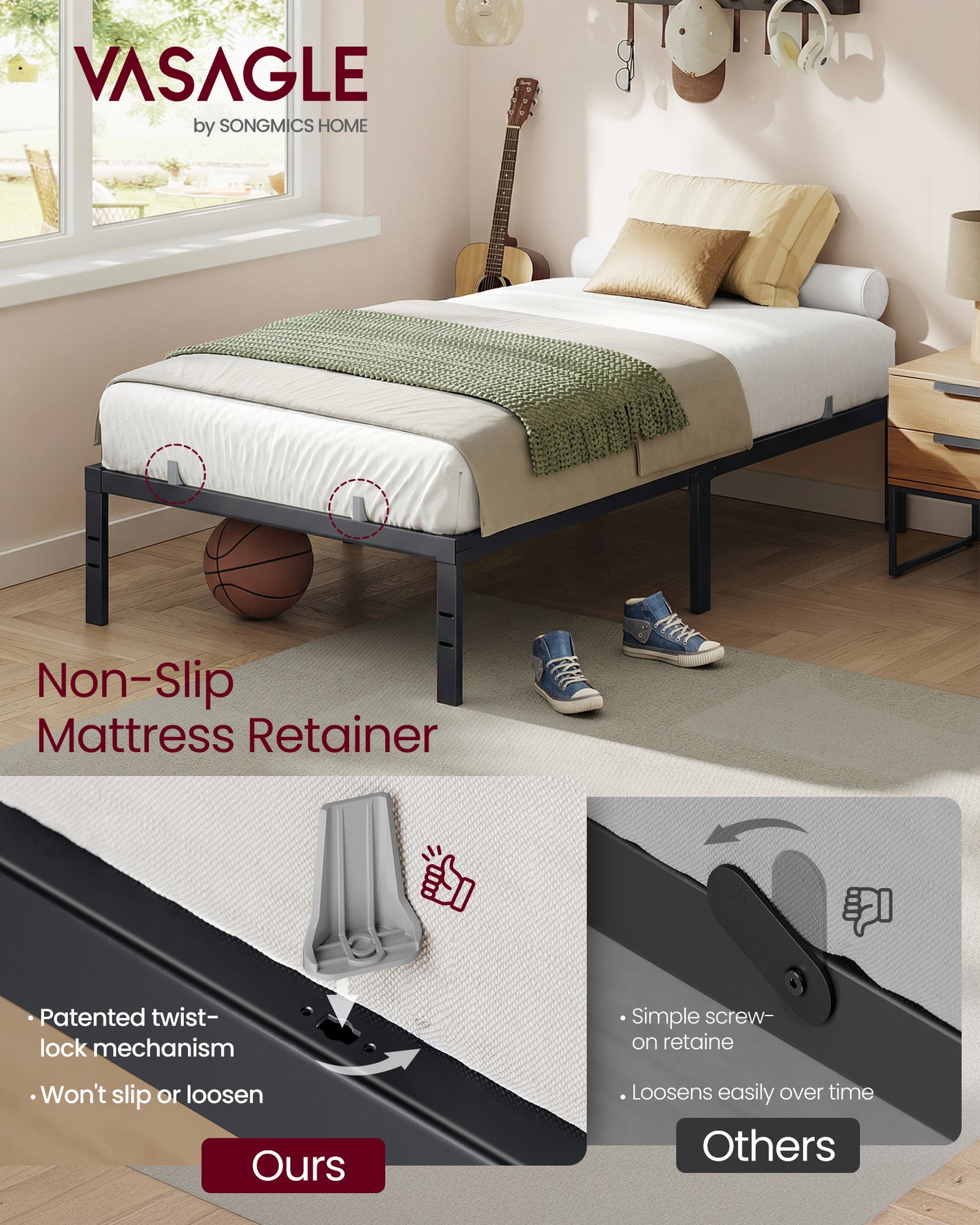 Ledrem Heavy Duty Twin Bed Frame, 14" in Metal Bed Frame, 550 lb Capacity, No Box Spring Needed, Under-Bed Storage, Easy Assembly, Mattress Retainers