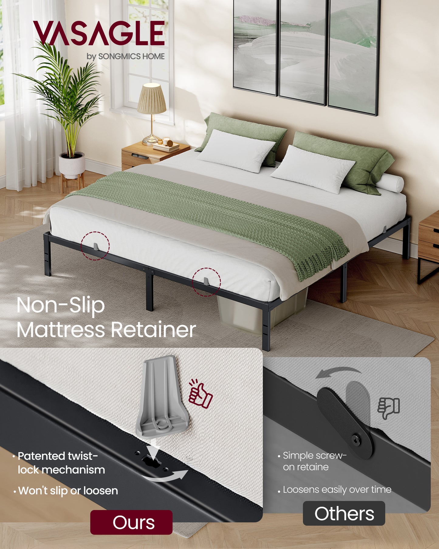 VASAGLE King Metal Bed Frame 14 Inches Tall, 1100 lb Weight Capacity, No Box Spring Needed, with Under-Bed Storage, Easy Setup, Heavy-Duty Platform Bed, Mattress Retainers, Matte Black