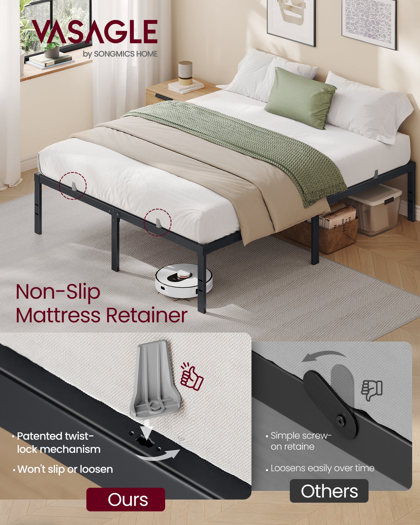 VASAGLE Queen Metal Bed Frame 16 Inches Tall, 1100 lb Weight Capacity, No Box Spring Needed, with Under-Bed Storage, Easy Setup, Heavy-Duty Platform Bed, Mattress Retainers, Matte Black