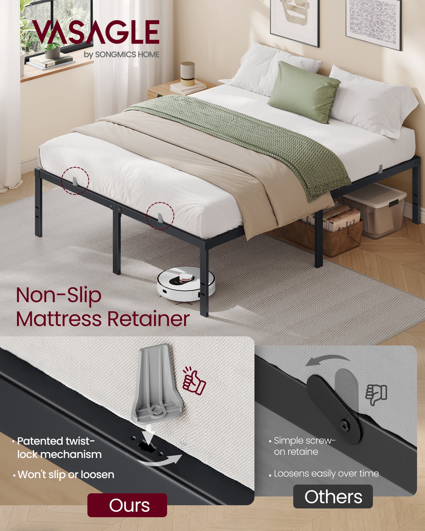 VASAGLE Queen Metal Bed Frame 18 Inches Tall, 1100 lb Weight Capacity, No Box Spring Needed, with Under-Bed Storage, Easy Setup, Heavy-Duty Platform Bed, Mattress Retainers, Matte Black